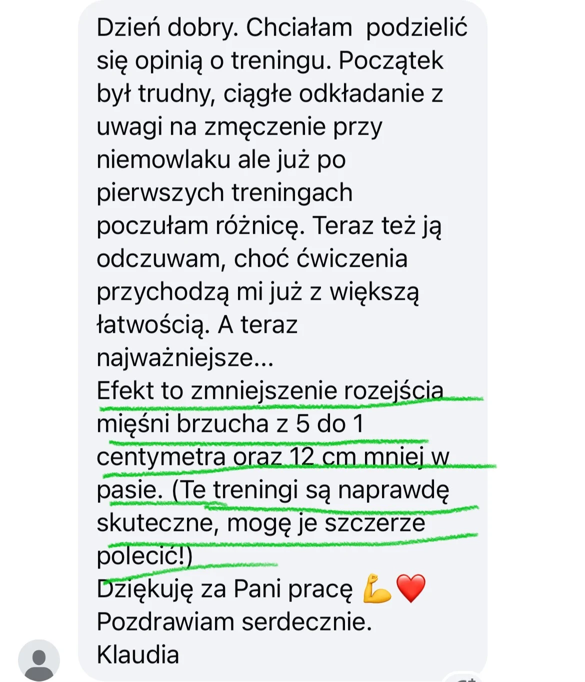 Wiadomość od uczestniczki: rozejście mięśni brzucha zmniejszone z 5 do 1 centymetra i 12 centymetrów mniej w pasie