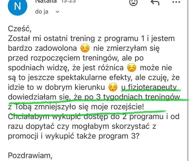 Wiadomość od uczestniczki: po 3 tygodniach treningów fizjoterapeuta potwierdził mniejsze rozejście